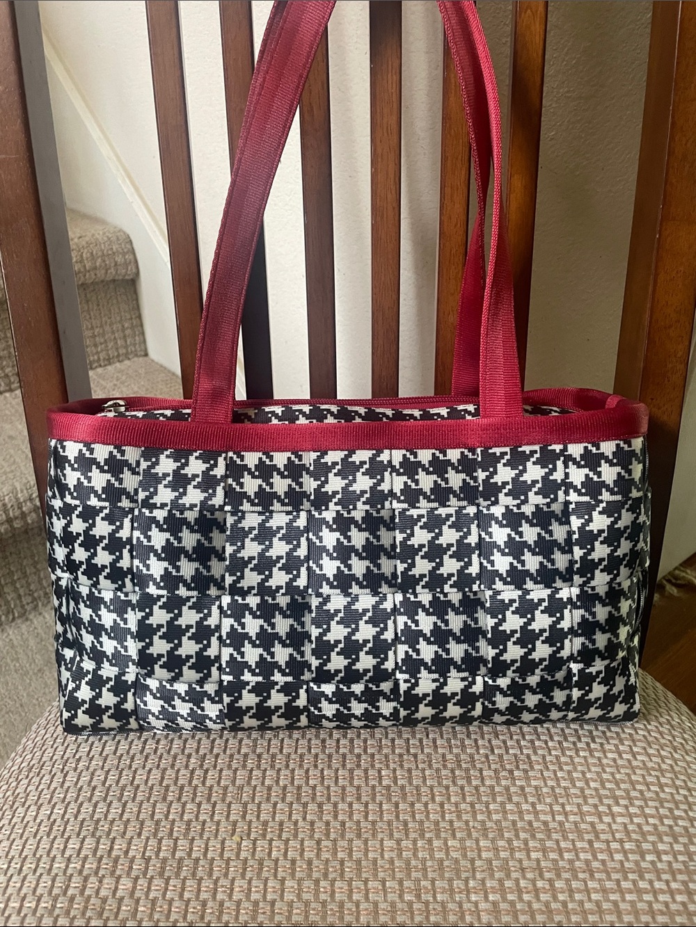 Harveys houndstooth large woven satchel with red trim